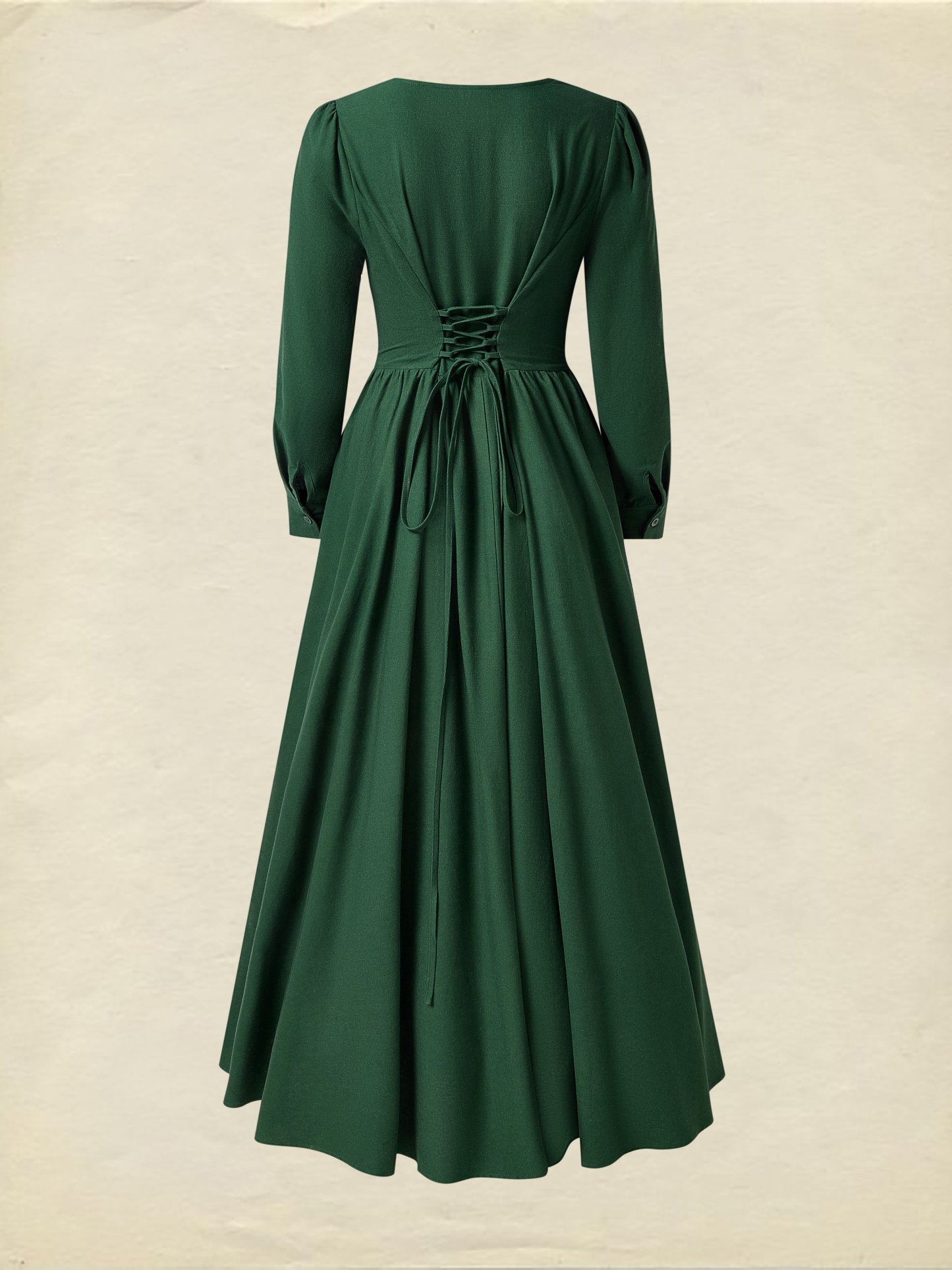Linen Maxi Dress, Square Neck, Long Sleeves, Victorian Style, Linen Blend, Green - Green