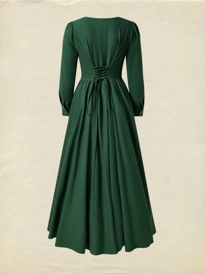 Linen Maxi Dress, Square Neck, Long Sleeves, Victorian Style, Linen Blend, Green - Green