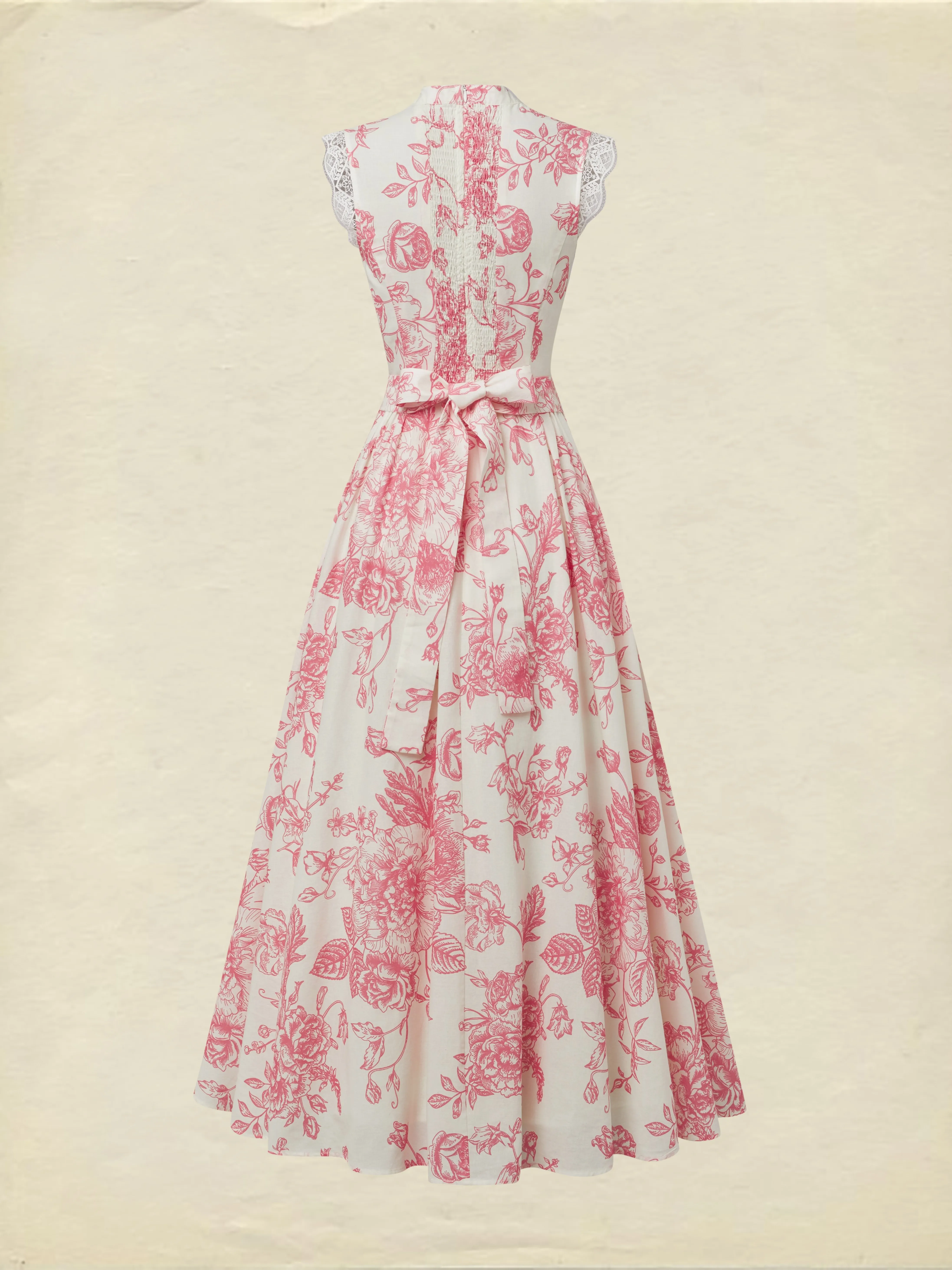 (SIZE:XS-XXL) Maxi Linen Dress , Cap Sleeves, Stand Collar, Floral, Lace, Vintage, Apricot - Apricot