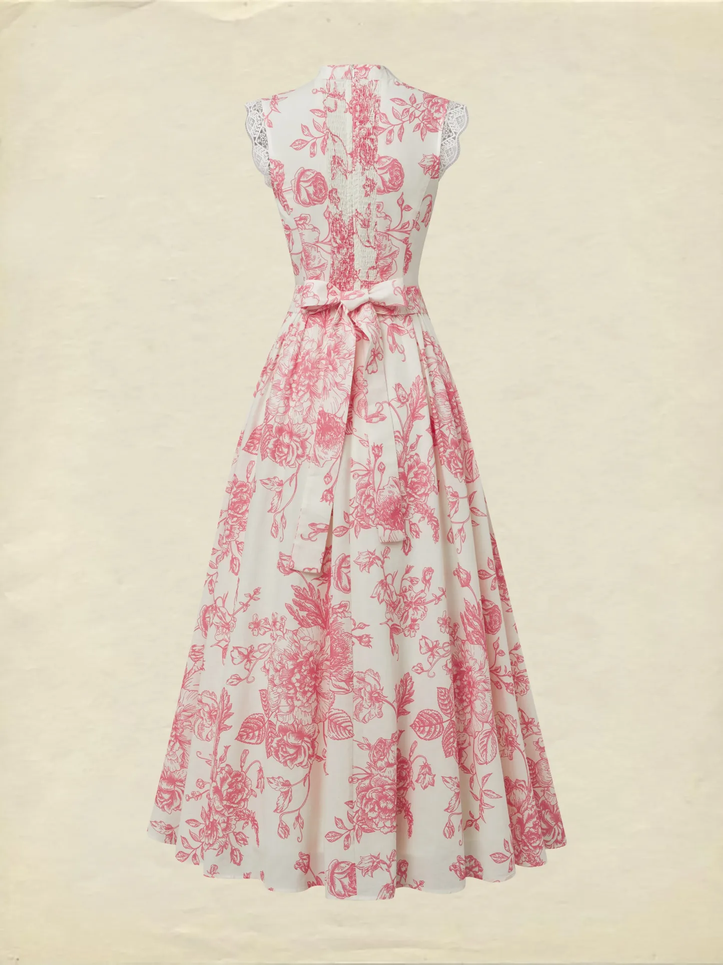 (SIZE:XS-XXL) Maxi Linen Dress , Cap Sleeves, Stand Collar, Floral, Lace, Vintage, Apricot - Apricot