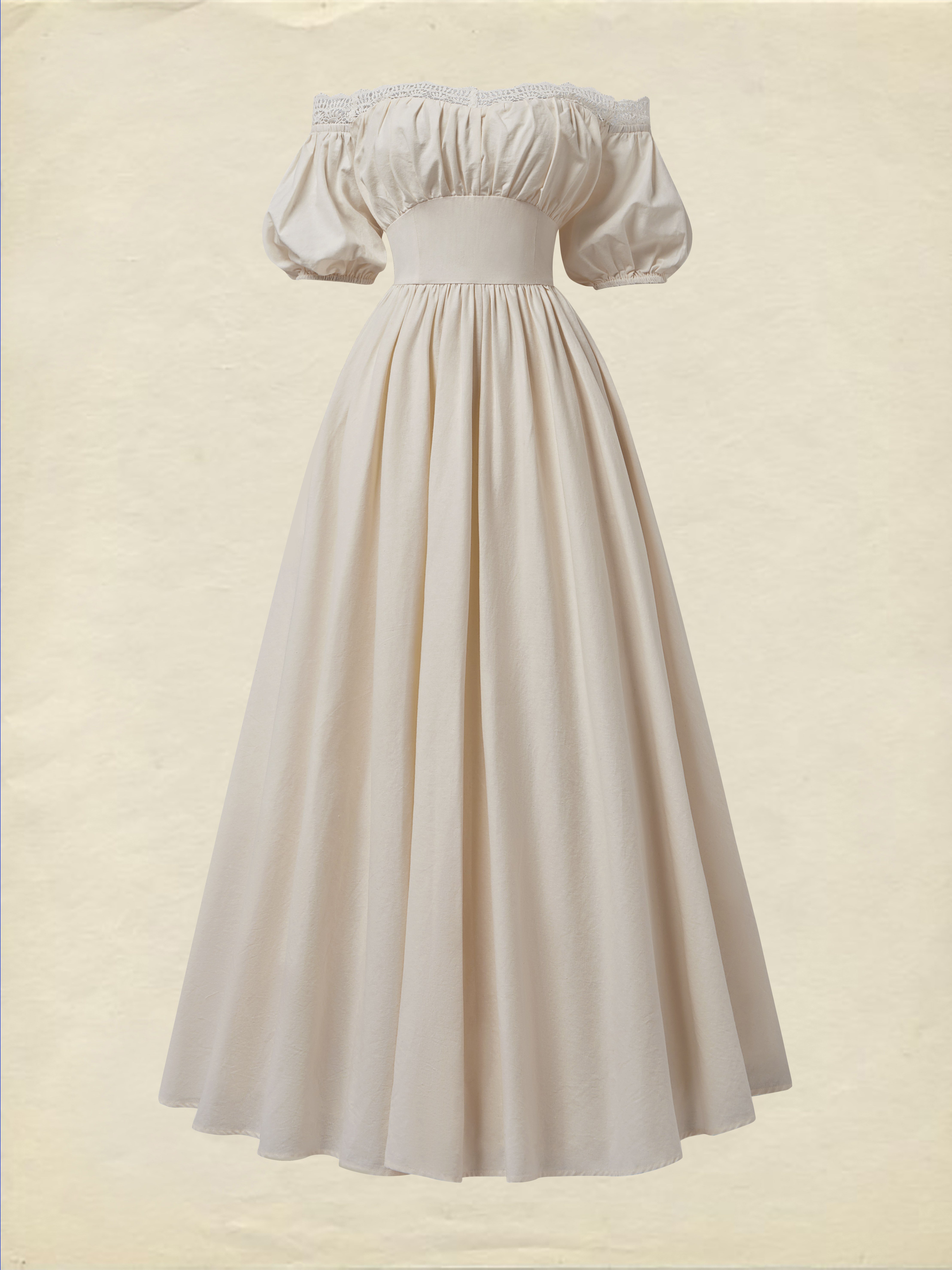 Linen Maxi Dress, Short Sleeve, Off The Shoulder, Plain, Vintage, Daily, White - As Picture