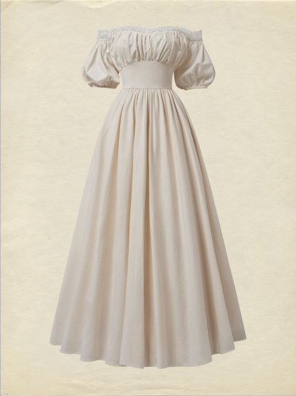 Linen Maxi Dress, Short Sleeve, Off The Shoulder, Plain, Vintage, Daily, White - As Picture