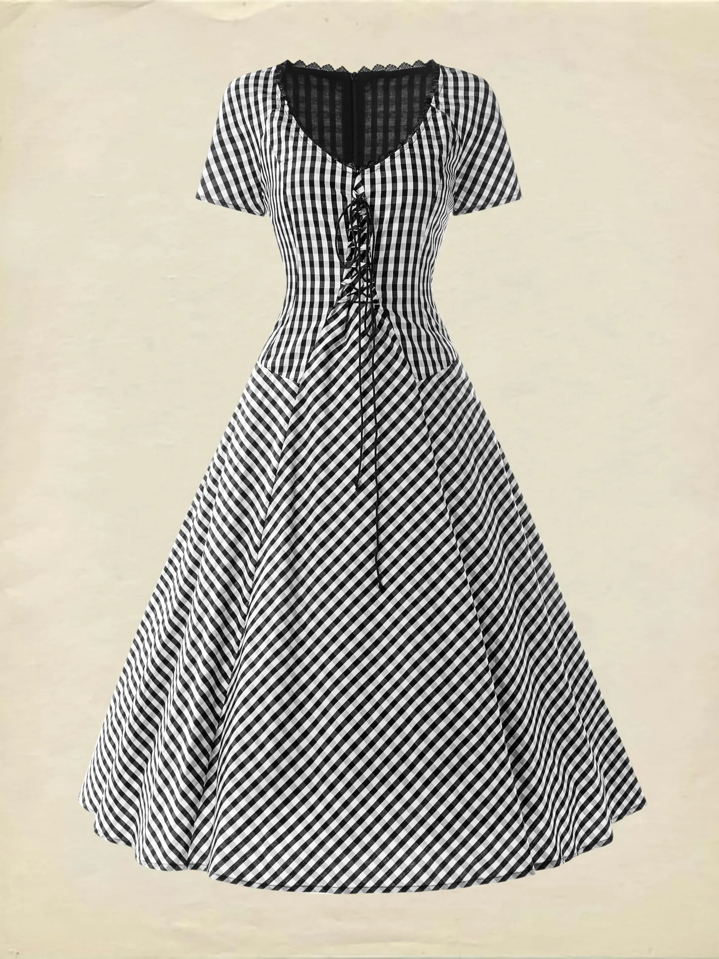 Cotton Midi Dress, Short Sleeve, Lace Collar, Plaid, Vintage, White - White