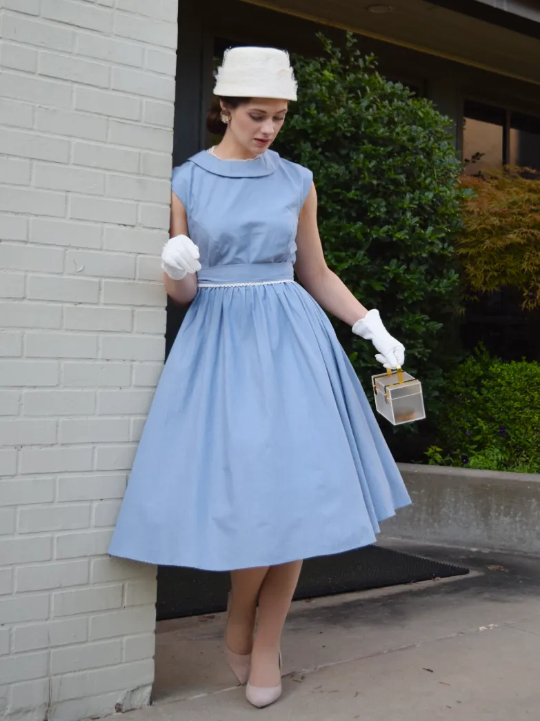 Linen Midi Dress, Sleeveless, Crew Neck, Plain, Vintage, Blue - Blue