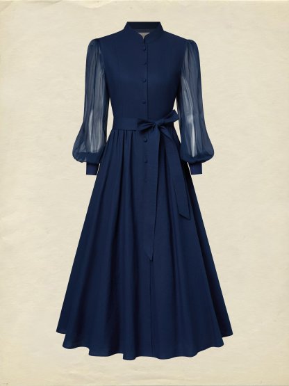 Maxi Cotton Dress, Long Sleeves, Stand Collar, Plain, Belt Design, French Vintage, Blue Purple - Blue Purple