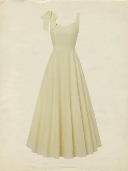 Maxi Linen Dress, Sleeveless, Square Neck, Plain, Bow, French Vintage, Light Yellow - Light Yellow