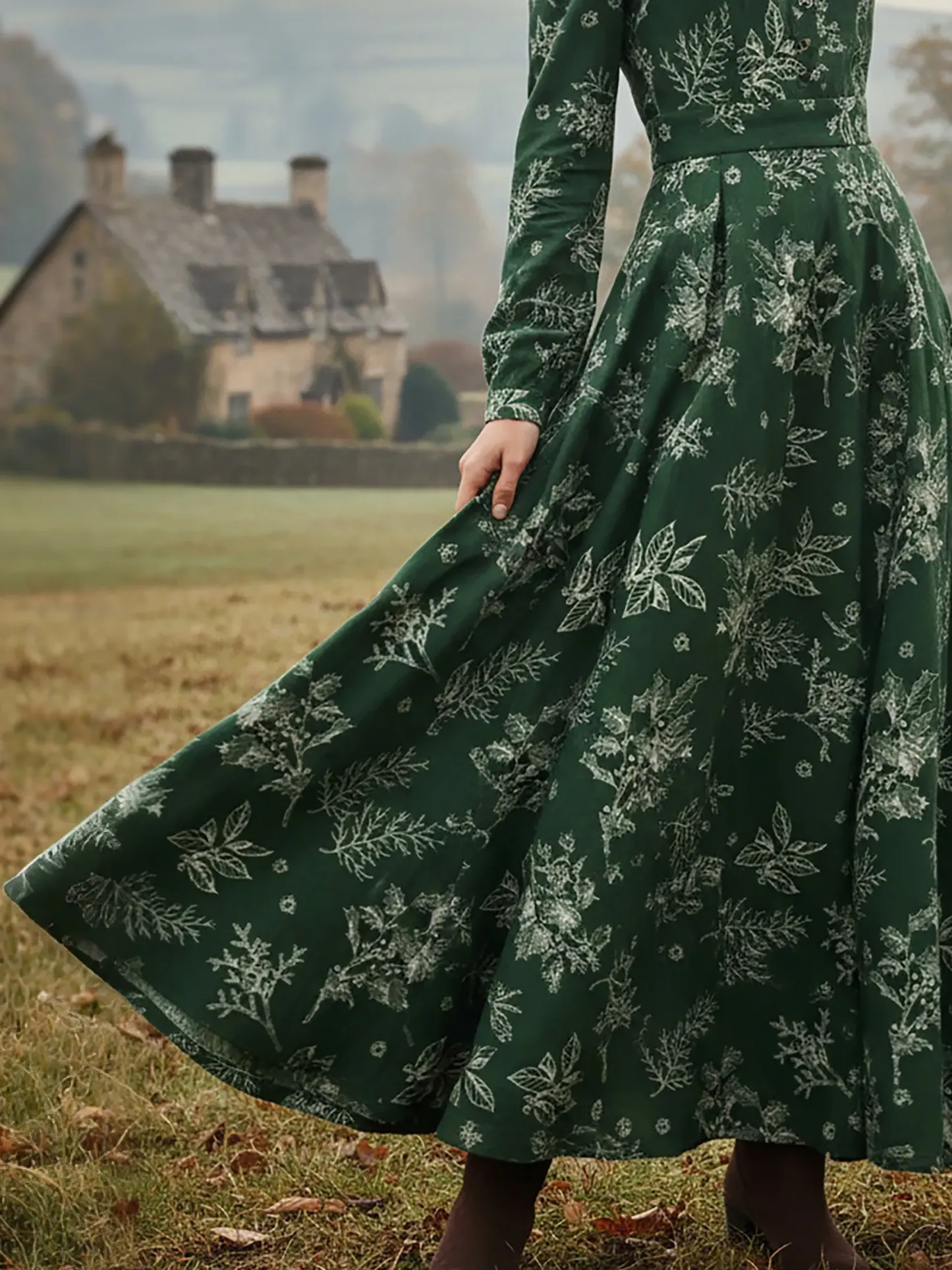 Maxi Linen Dress, Long Sleeves, V Neck, Floral, Button Design, Vintage, Dark Green - Dark Green