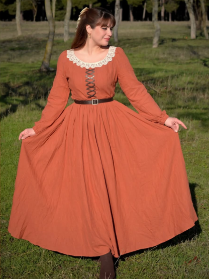 Maxi Cotton Dress, Long Sleeves, Square Neck,  Princess Line, Linen Blend, Orange - Orange