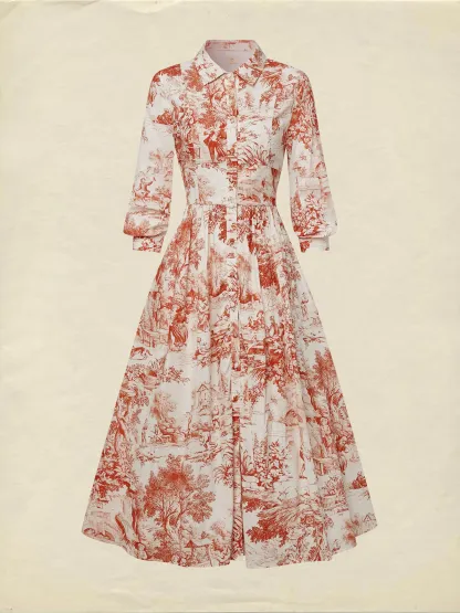 Maxi Linen Dress, Half Sleeve, Shawl Collar, Floral, Button Design, French Vintage, White - White