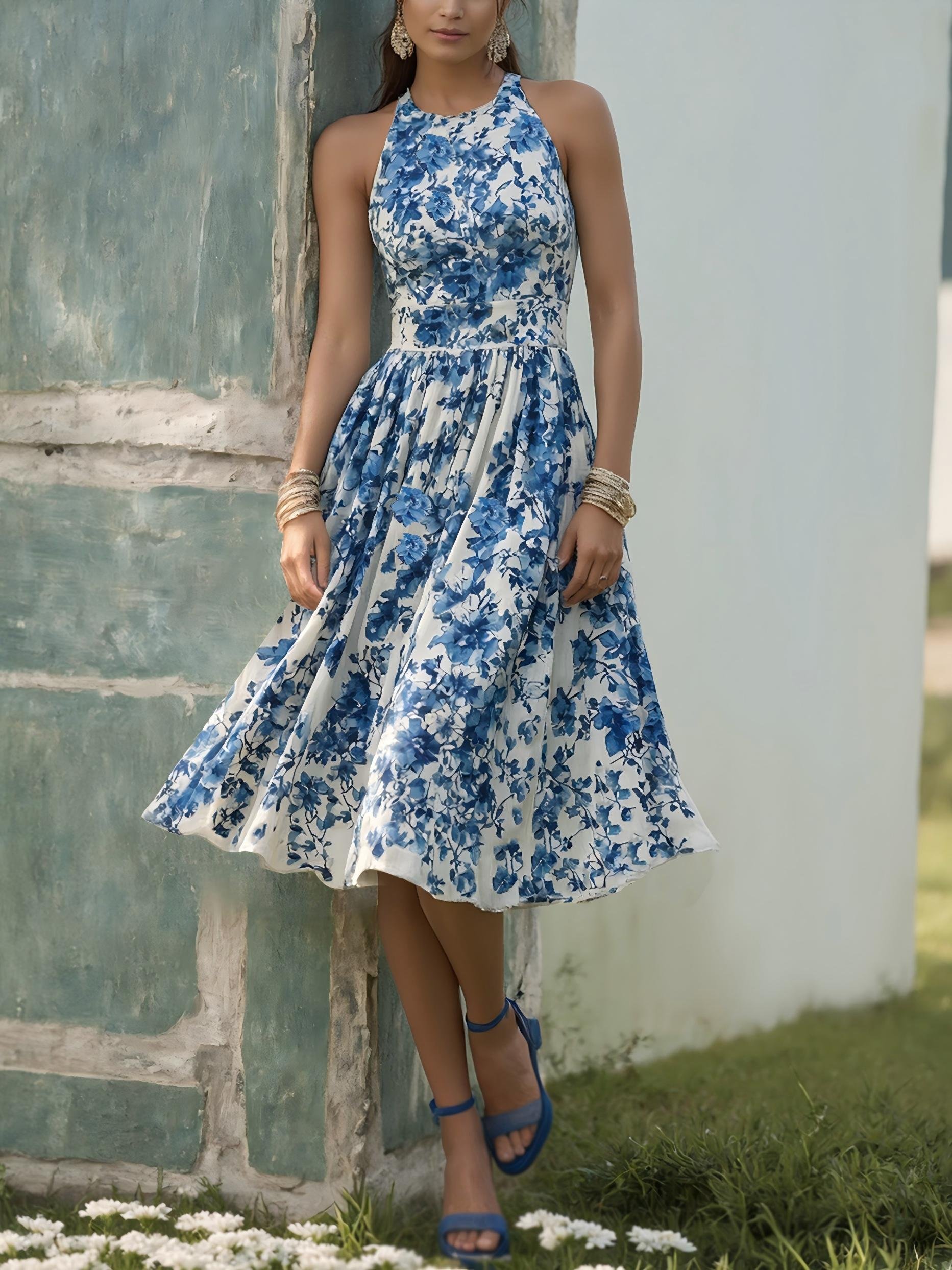 Midi Linen Dress , Sleeveless, Round Neck, Floral, Vacation, Vintage, Blue - Blue