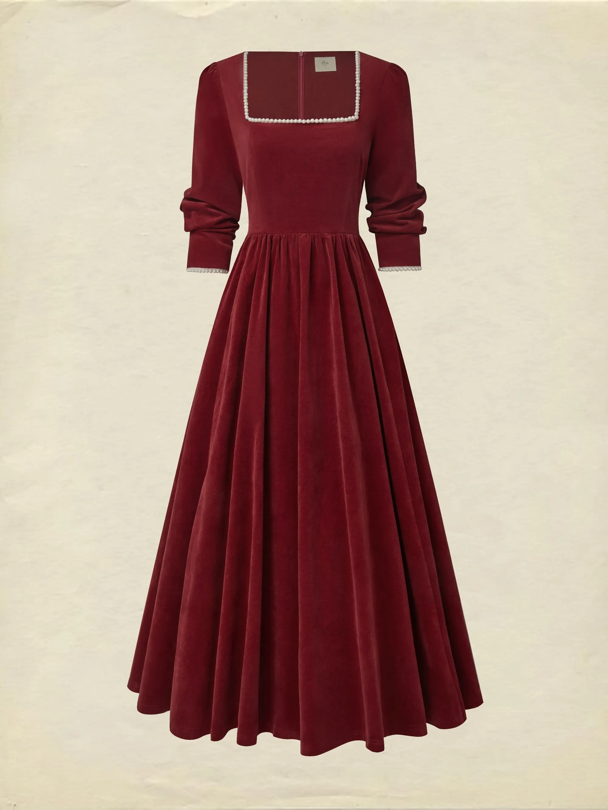 Maxi Cotton Dress, Half Sleeve, Square Neck, Plain, Pocket Design, Vintage, Red - Red