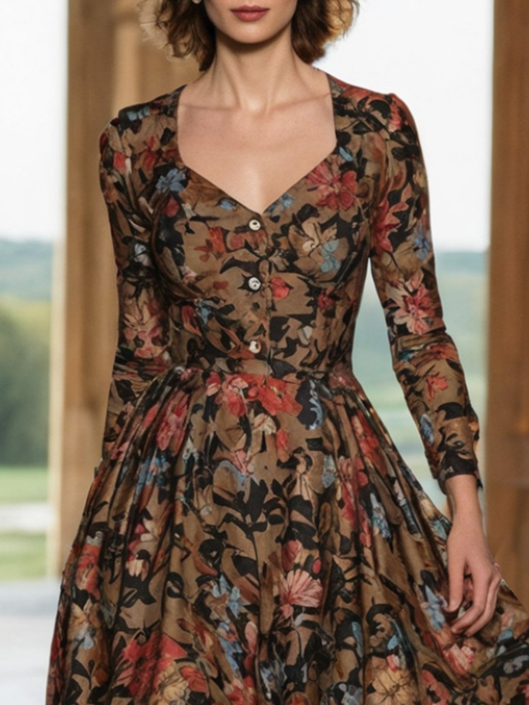 Midi Linen Dress, Long Sleeves, Sweetheart Neck, Floral, Button Design, Vacation, Vintage, Deep Brown - Deep Brown
