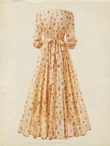 Maxi Linen Dress, Long Sleeves, V Neck, Cottagecore, Linen Blend, Apricot - Apricot
