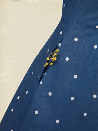 Midi Cotton Dress, Sleeveless, Square Neck, Polka Dots, Pocket Design, French Vintage, Deep Blue - Deep Blue