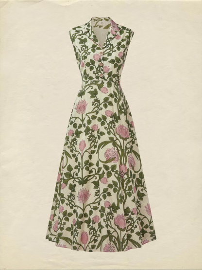 (SIZE:XS-XXL) Midi Linen Dress , Cap Sleeves, Shawl Collar, Floral, Button Design, Vintage, Green - Green