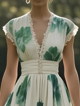 (SIZE:XS-XXL)Linen Maxi Dress, Sleeveless, V neck, Floral, Vintage, Green - Green