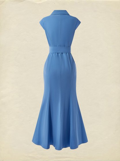 (SIZE:XS-XXL) Cotton Maxi Dress, Cap Sleeve, Lapel Collar, Plain, Vintage, Blue - Blue