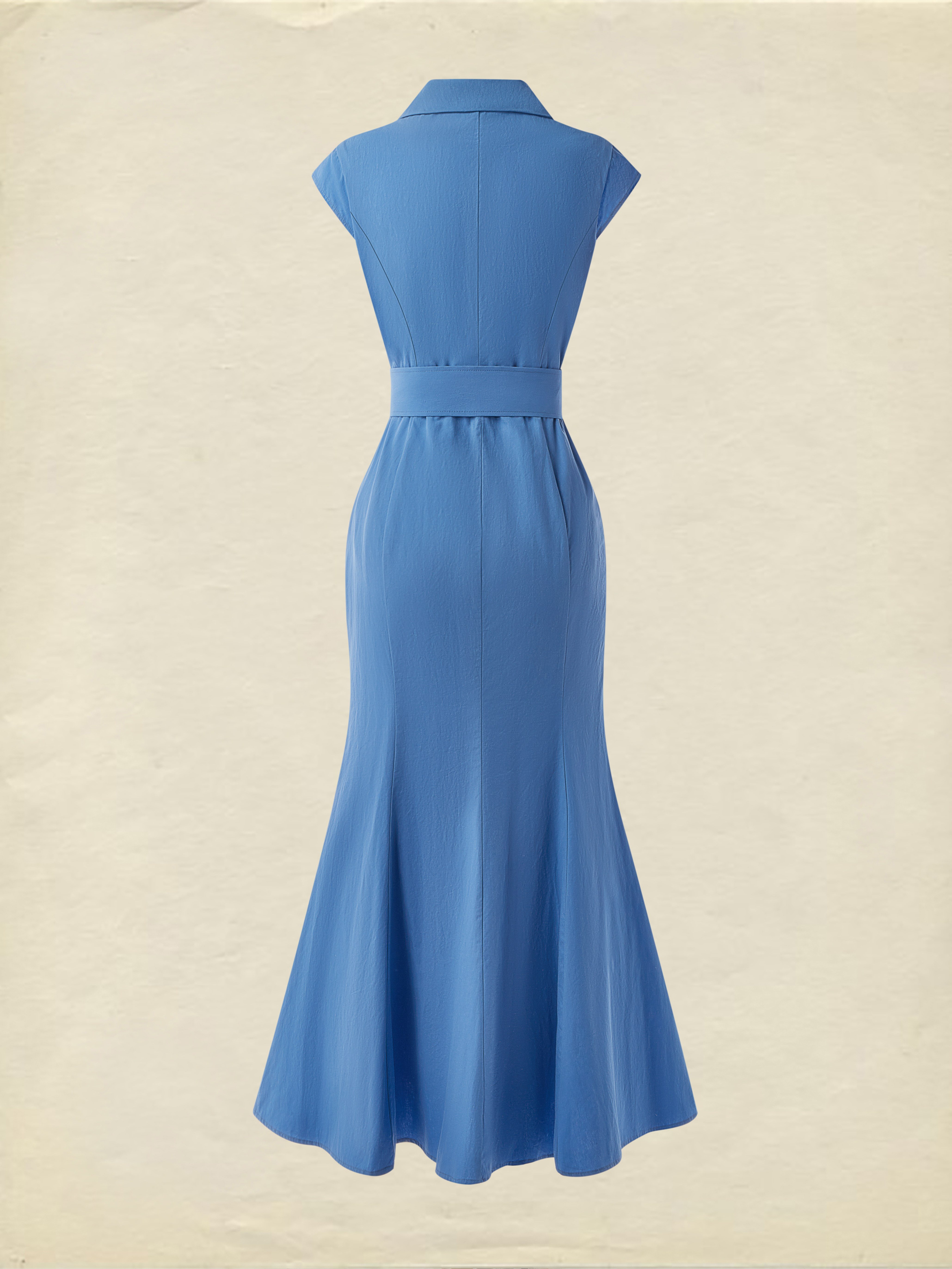 (SIZE:XS-XXL) Cotton Maxi Dress, Cap Sleeve, Lapel Collar, Plain, Vintage, Blue - Blue