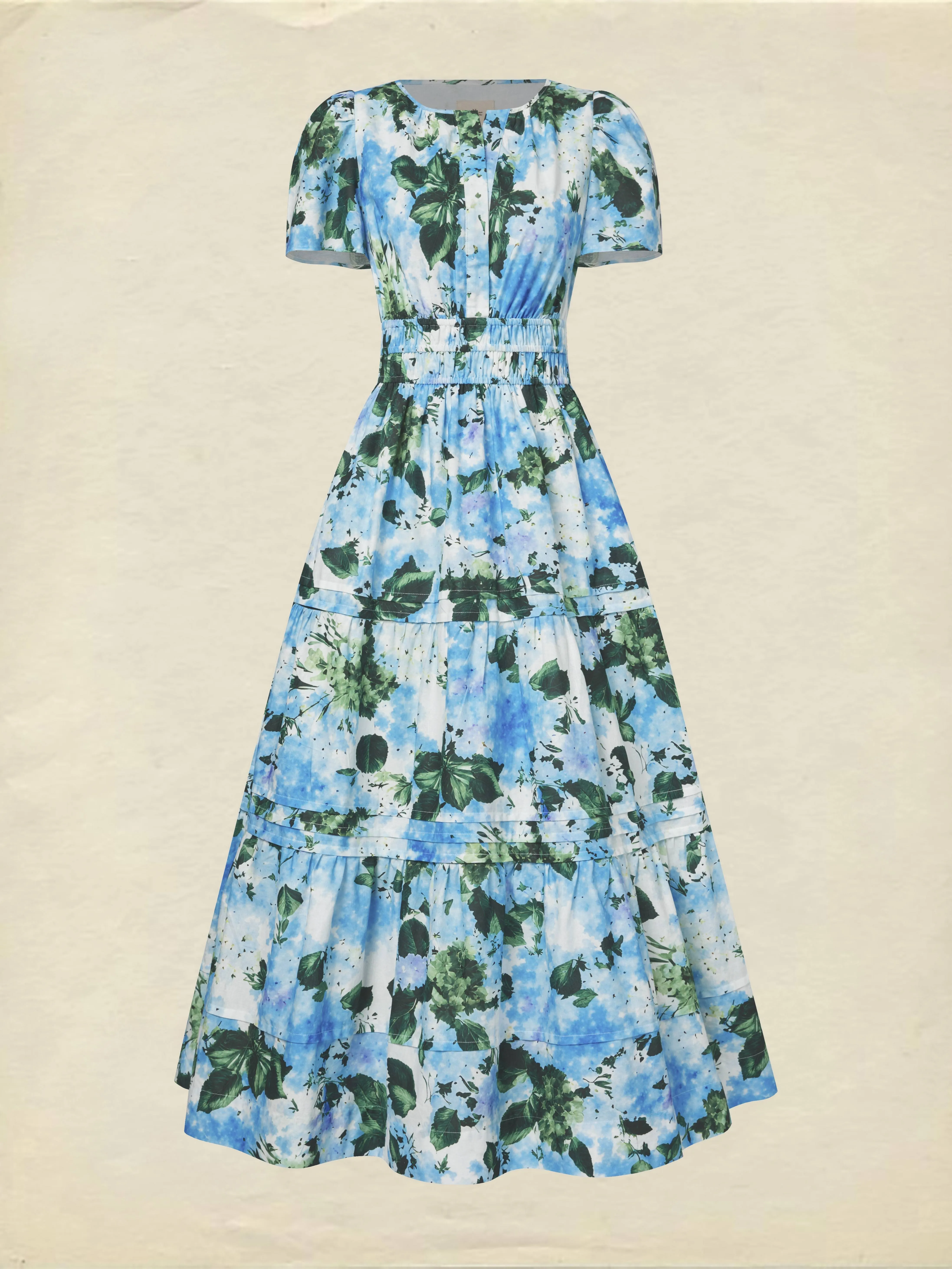 Maxi Cotton Dress, Short Sleeves, V Neck, Floral, Vintage, Blue - Blue