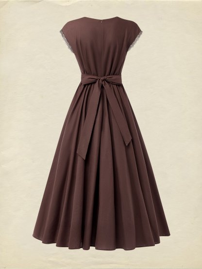 Linen Maxi Dress, Short Sleeve, Lace Collar, Plain, Vintage, CAMEO BROWN - CAMEO BROWN