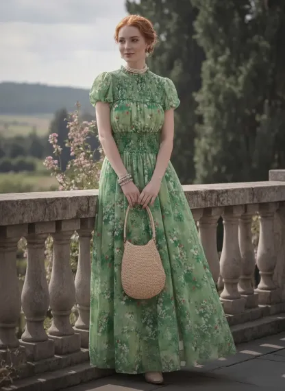 Maxi Linen Dress, Short Sleeves, Round Neck, Floral, Vintage, Green - Green