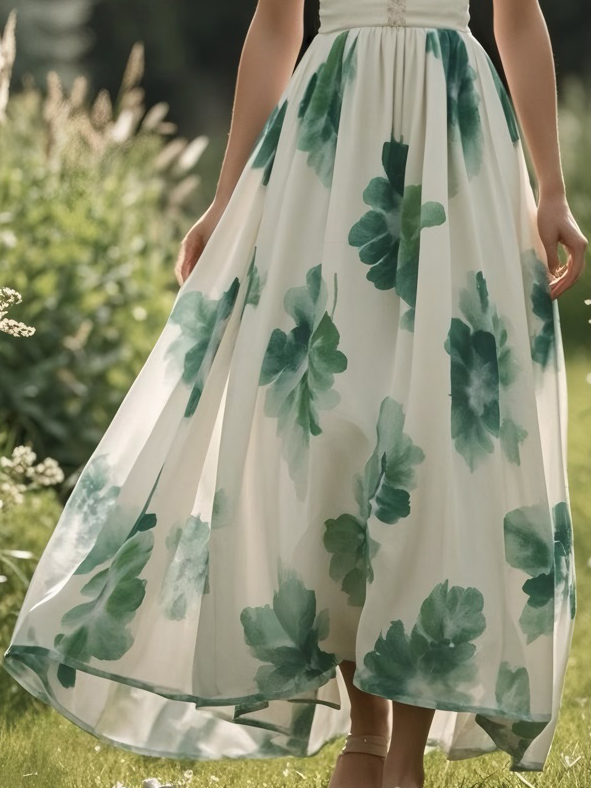 (SIZE:XS-XXL)Linen Maxi Dress, Sleeveless, V neck, Floral, Vintage, Green - Green