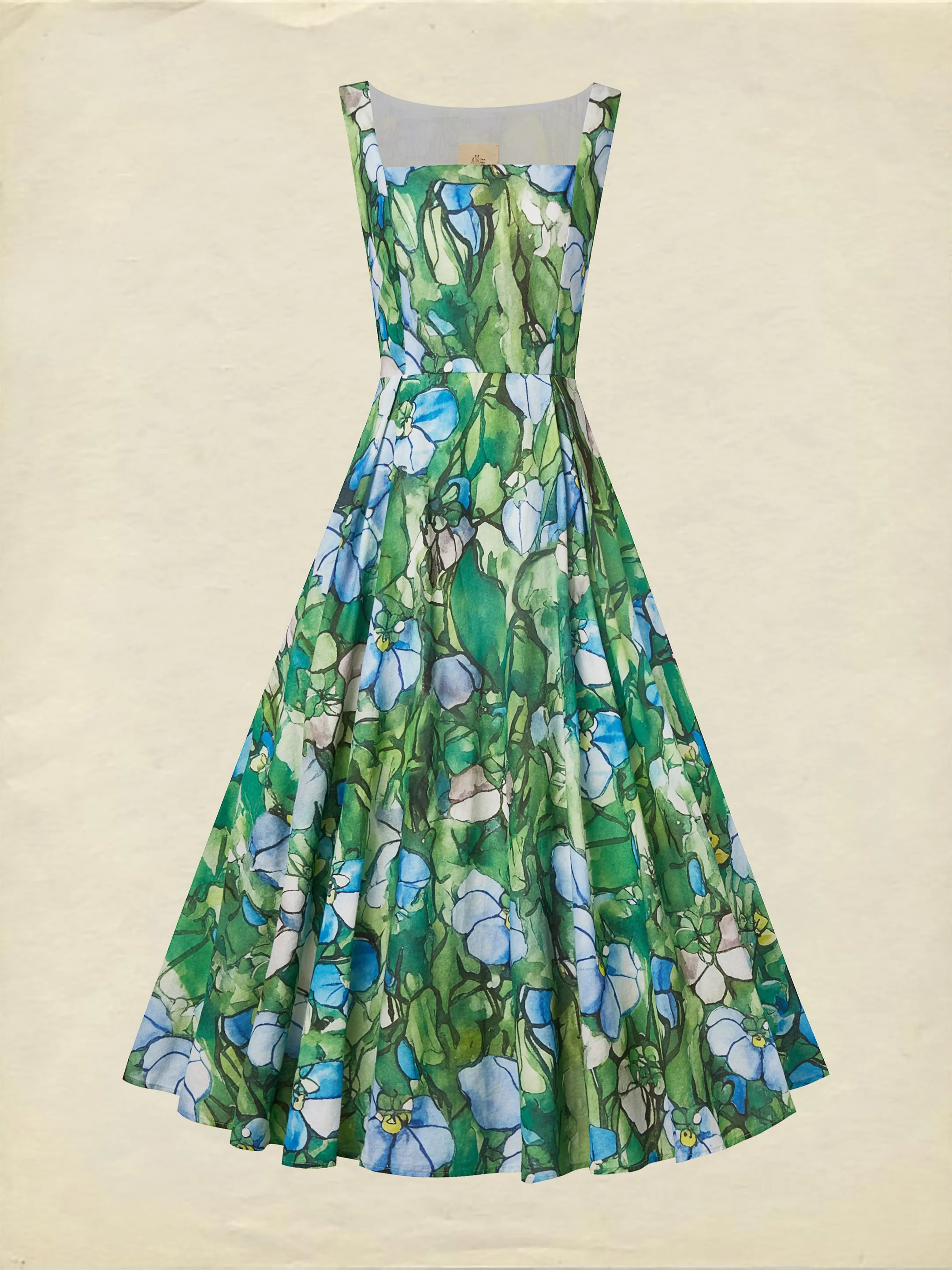 Maxi Linen Dress , Sleeveless, Square Neck, Floral, Church Glass, Vacation, Vintage, Green - Green