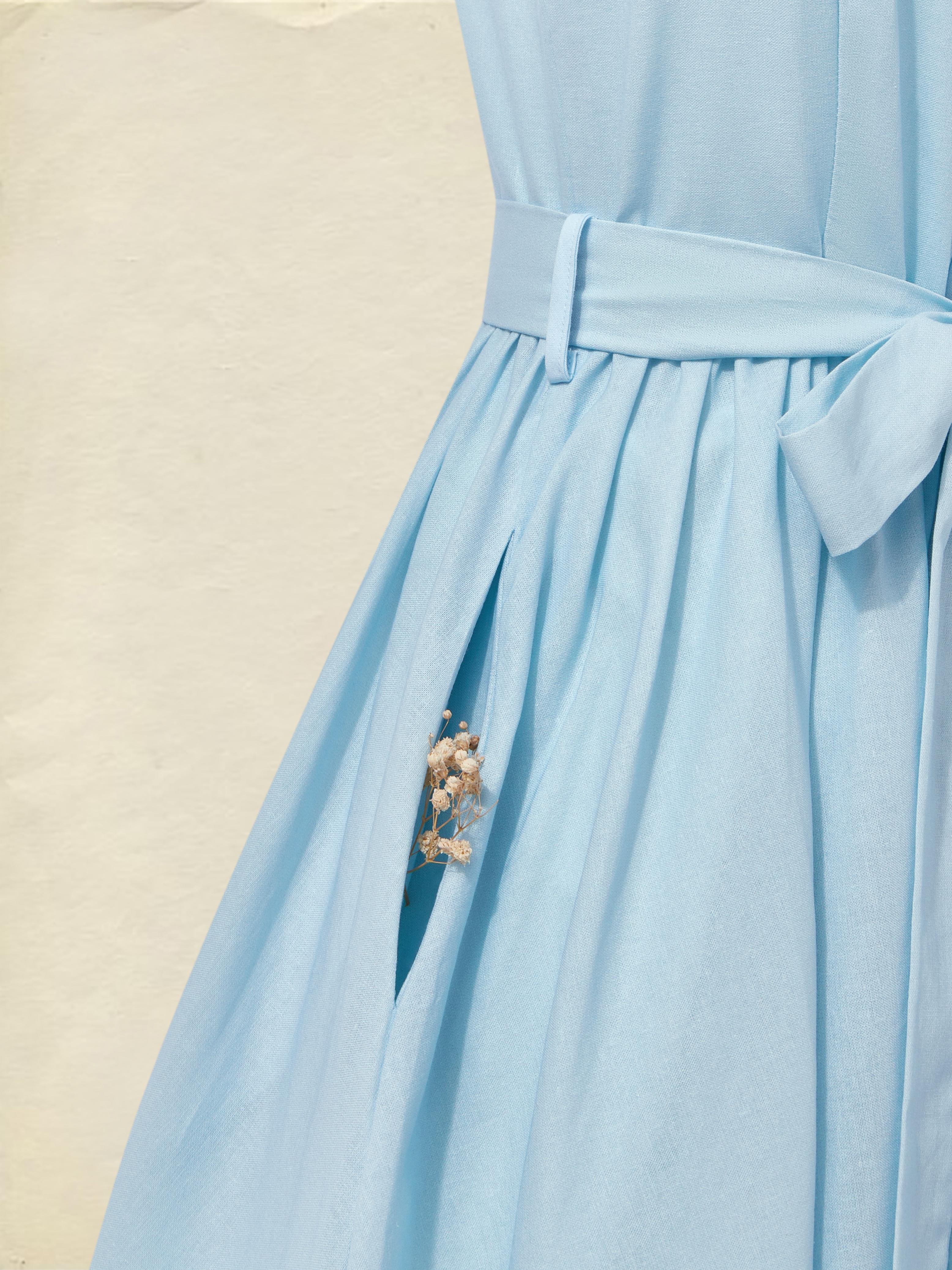 Maxi Linen Dress , Sleeveless, Round Neck, Floral, Button Design, French Vintage, Sky Blue - Sky Blue