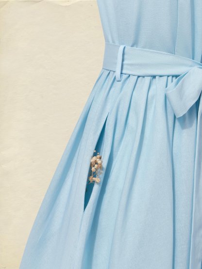 Maxi Linen Dress , Sleeveless, Round Neck, Floral, Button Design, French Vintage, Sky Blue - Sky Blue