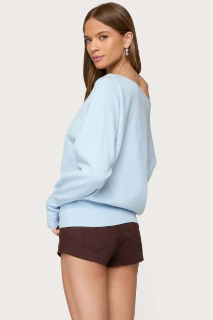Off Shoulder Oversized Sweater - LIGHT BLUE