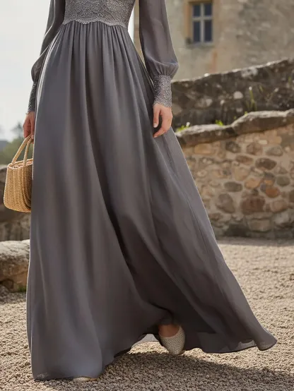 Maxi Linen Dress, Long Sleeves, V Neck, Plain, Lace, Vintage, Gray - Gray