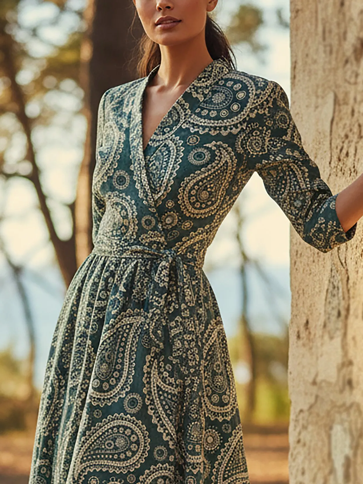 Maxi Linen Dress, Half Sleeve, V Neck, Paisley, Belt Design, Vintage, Cyan - Cyan