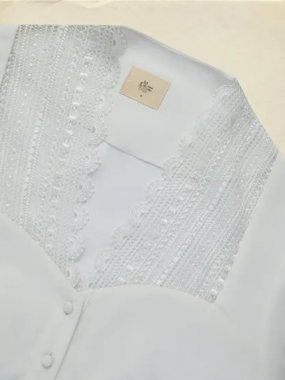 Linen Shirt, Long Sleeves,  Plain, Lace, French Vintage, White - White