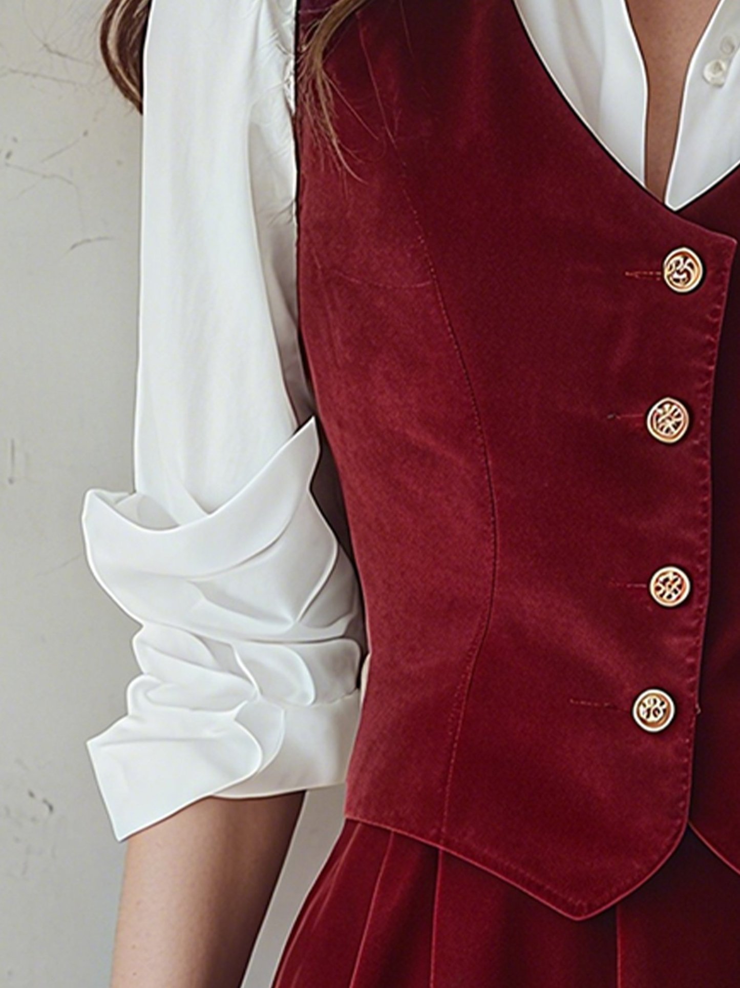 Cotton Vest (Shirt and Skirt Not Included), Sleeveless, V Neck, Plain, Button Design, Vintage, Wine Red - Wine Red