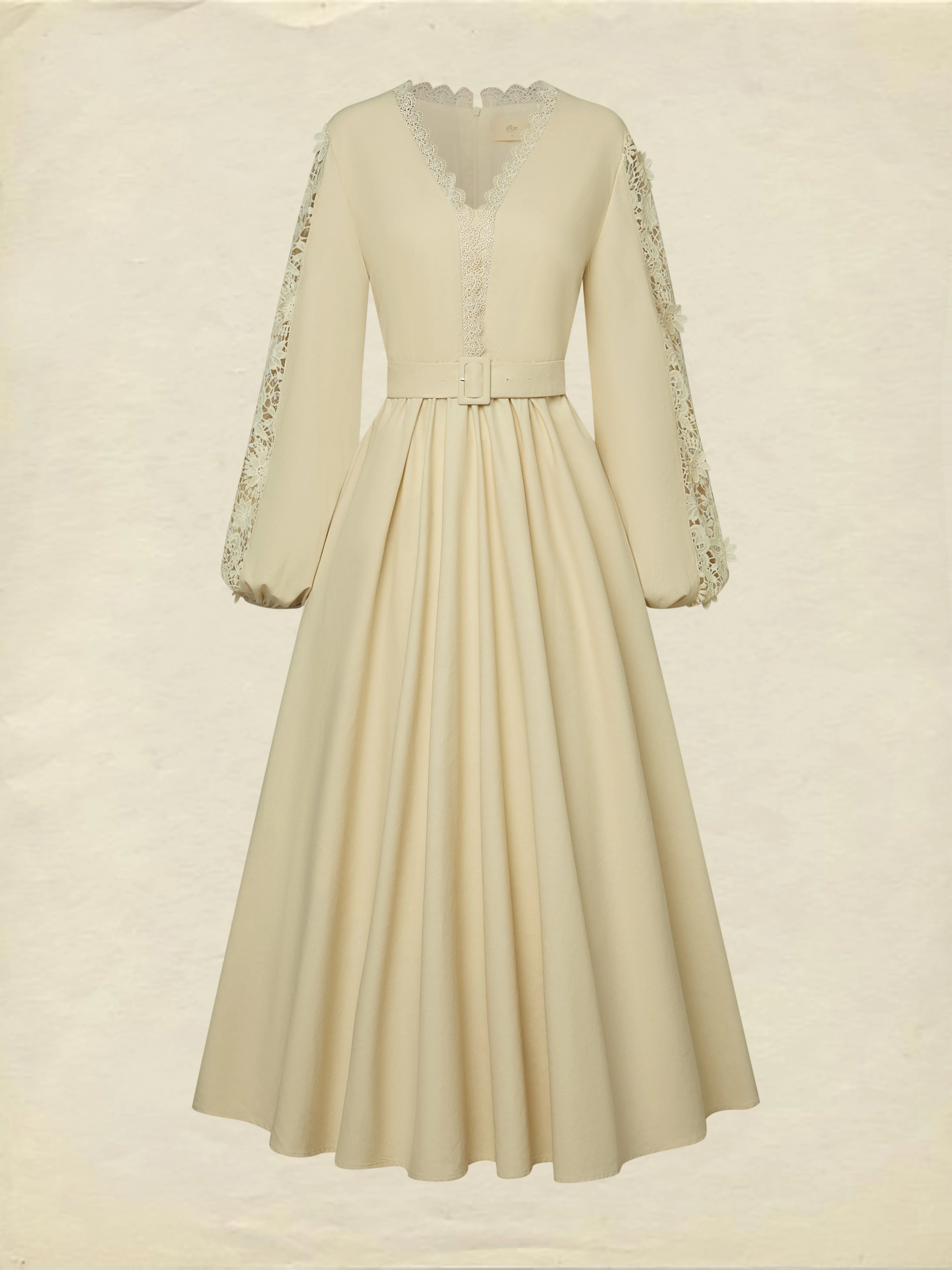 Midi Linen Dress, Long Sleeves, Plain, Lace, French Vintage, Apricot - Apricot