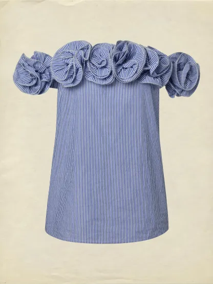 Linen Blouse, Sleeveless, Off The Shoulder, Striped, 3D Floral, French Vintage, Blue - Blue