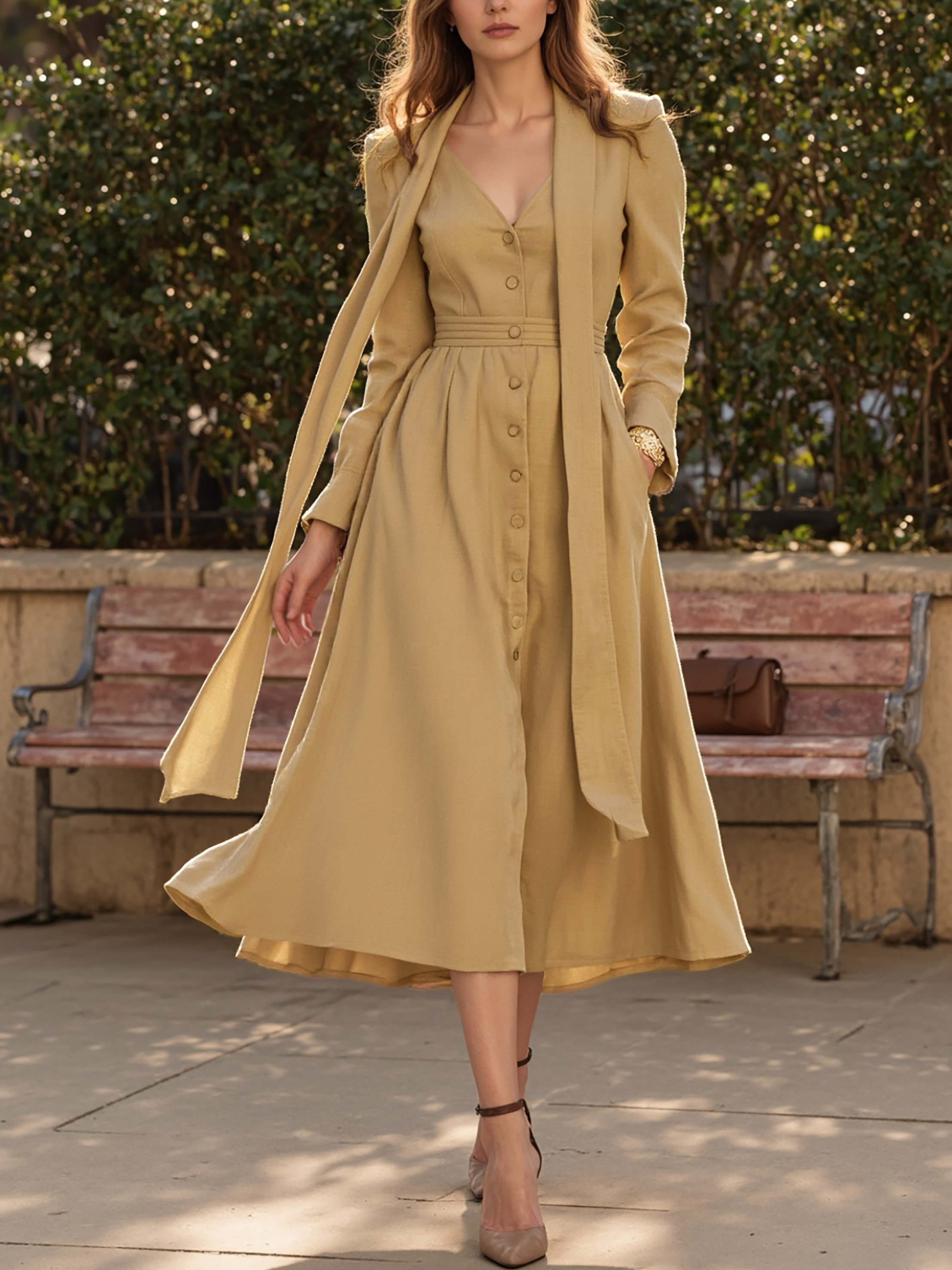 Midi Cotton Dress, Long Sleeves, V Neck, Plain, Button Design, French Vintage, Khaki - Khaki