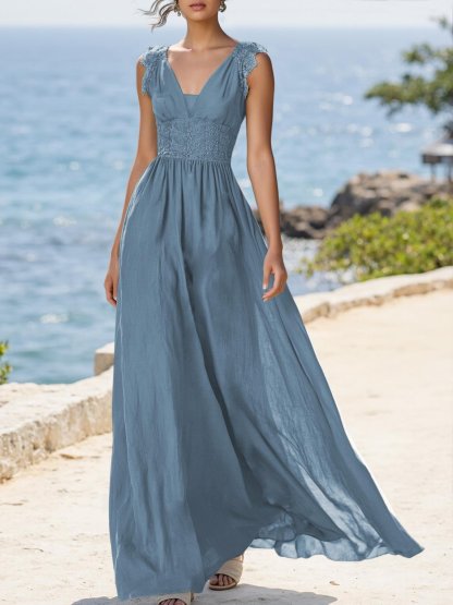 (SIZE:XS-XXL)Linen Maxi Dress, Sleeveless, V neck, Plain, Vintage, Cyan - Cyan