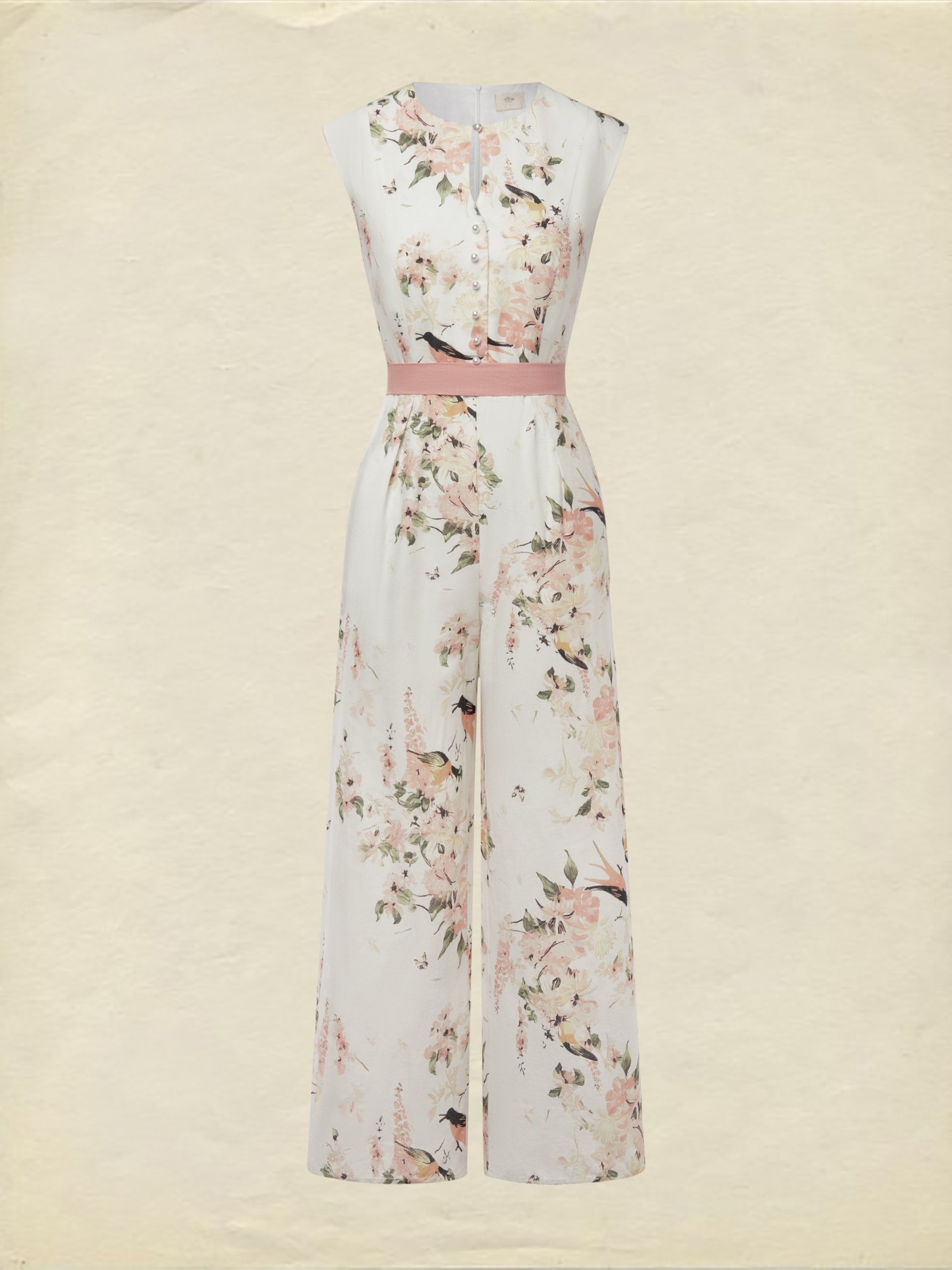Linen Jumpsuit , Sleeveless, Round Neck, Floral, Button Design, Vacation, Vintage, White - White