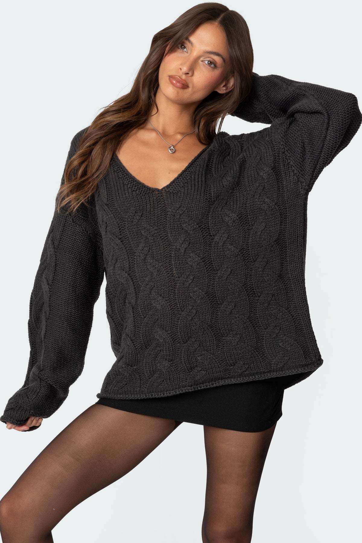 Inga Oversized Cable Knit Sweater - DARK GRAY