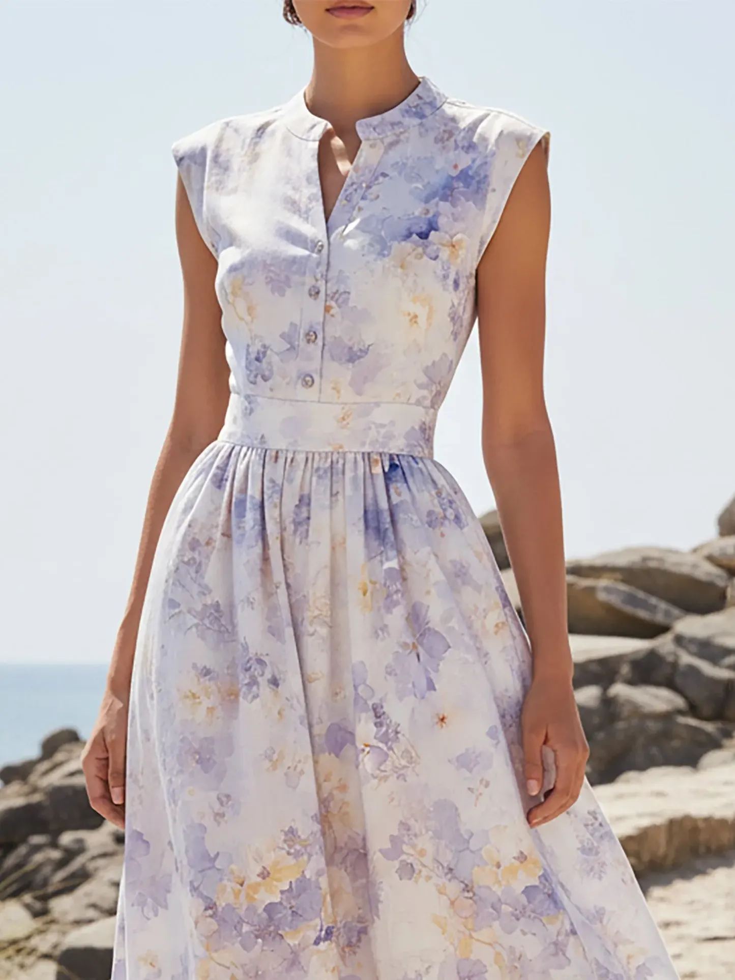 Maxi Linen Dress, Cap Sleeves, V Neck, Floral, Button Design, Vacation, Vintage, lavender - lavender