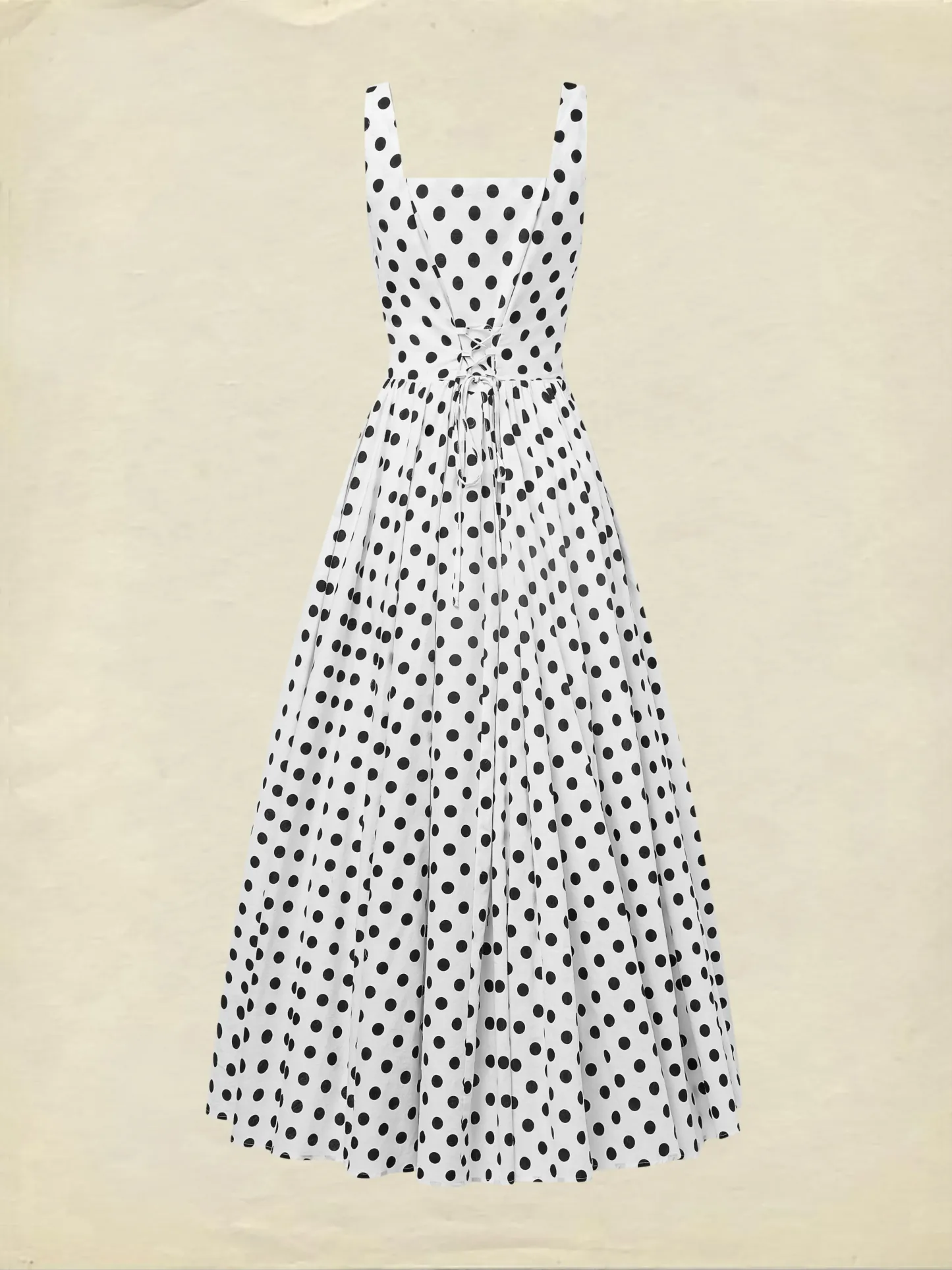 Maxi Cotton Dress , Sleeveless, Square Neck, Polka Dots, Suspenders, Vintage, White - White