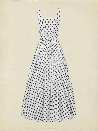 Maxi Cotton Dress , Sleeveless, Square Neck, Polka Dots, Suspenders, Vintage, White - White