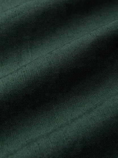 Midi Linen Dress , Half Sleeve, Sweetheart Neck, Plain, Vintage, Deep Green - Deep Green