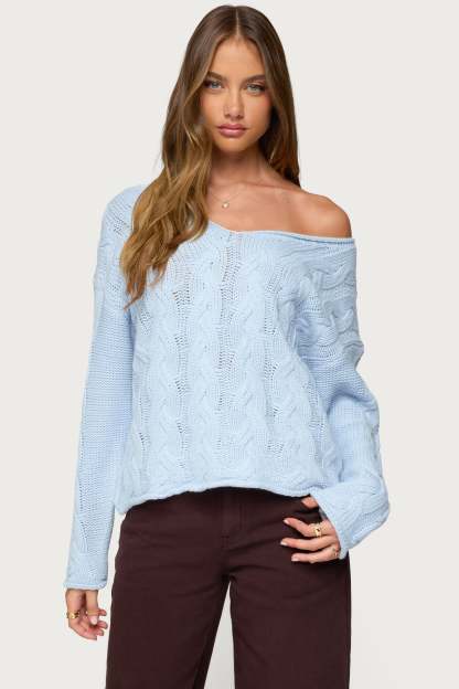 Inga Oversized Cable Knit Sweater - LIGHT BLUE