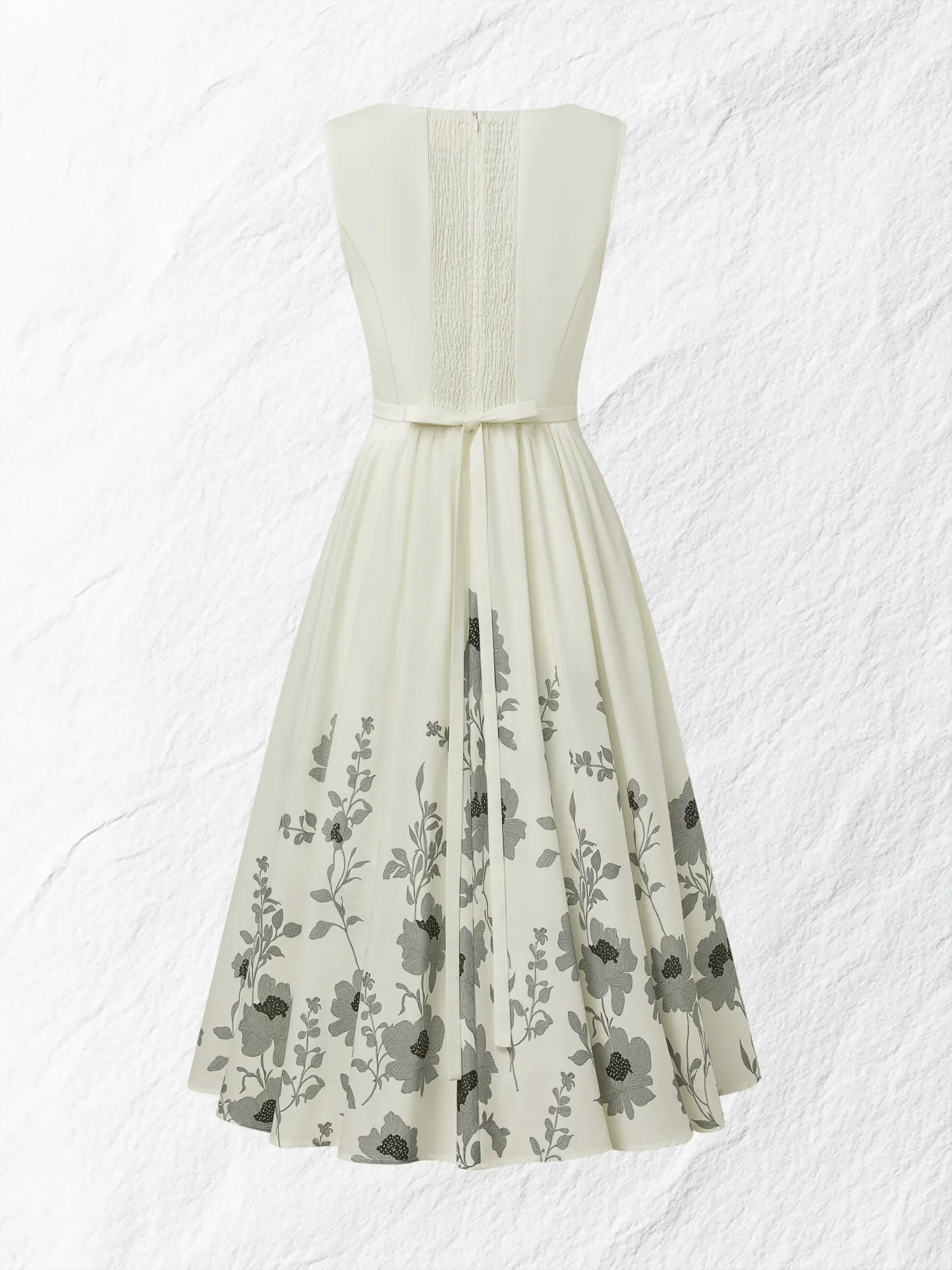 Midi Linen Dress , Sleeveless, Round Neck, Floral, Vacation, Vintage, White - White