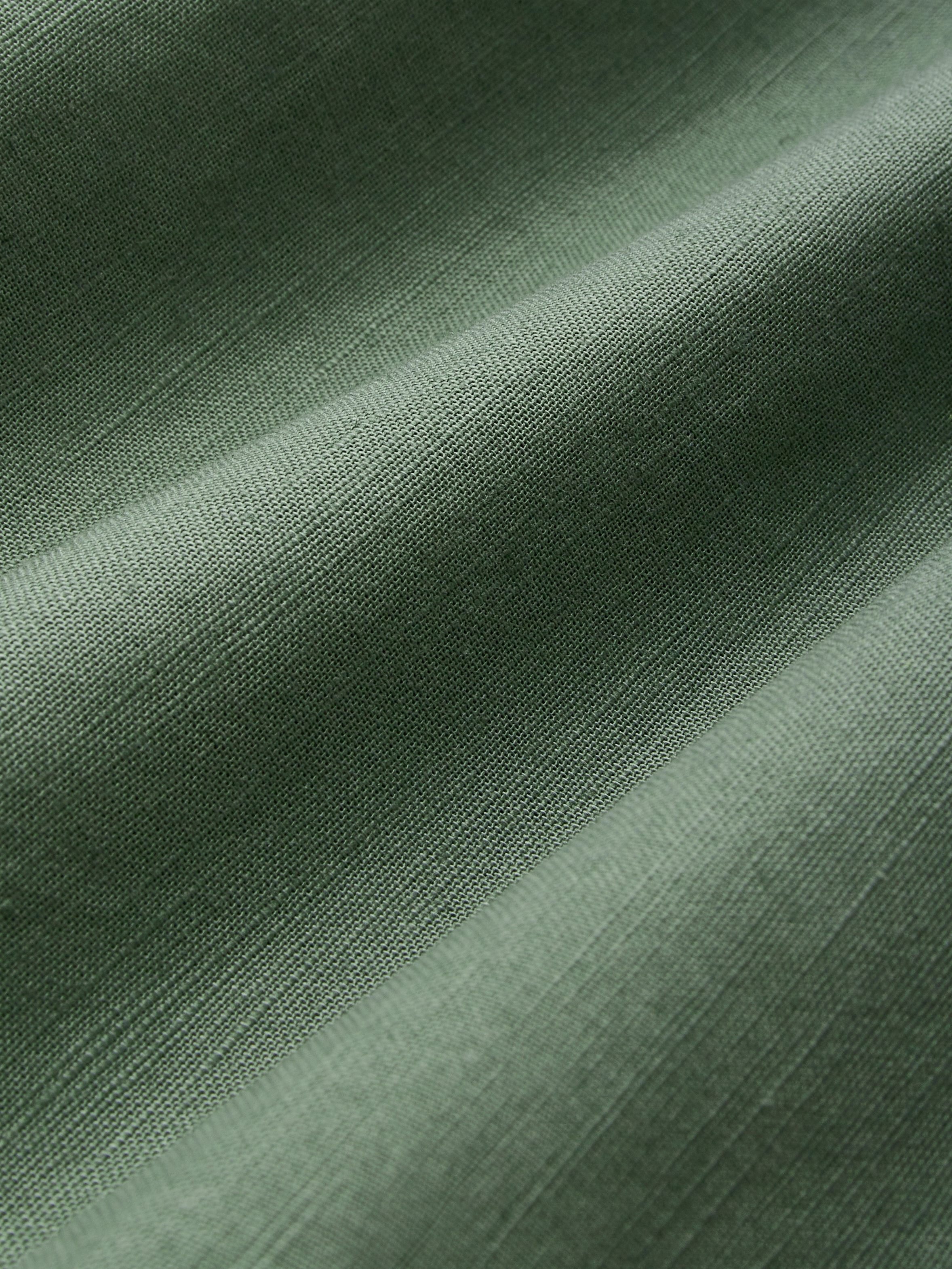 Midi Cotton Dress, Casual, Plain, Pocket Stitching, Half Open Collar, Half Sleeve, Vintage, Green  - Green