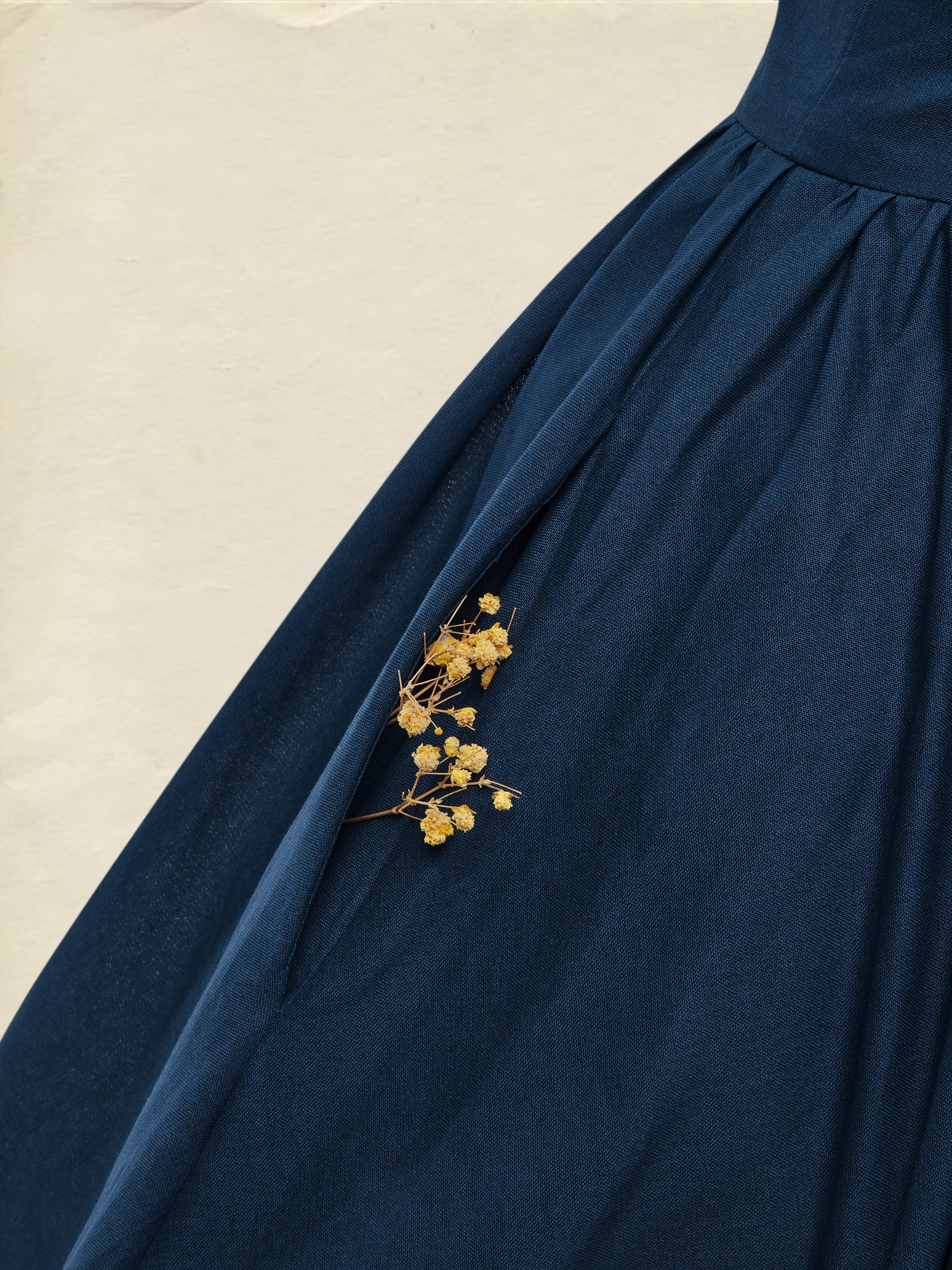 Maxi Linen Dress , Short Sleeves, V Neck, Plain, Lace, Vintage, Blue - Dark_blue