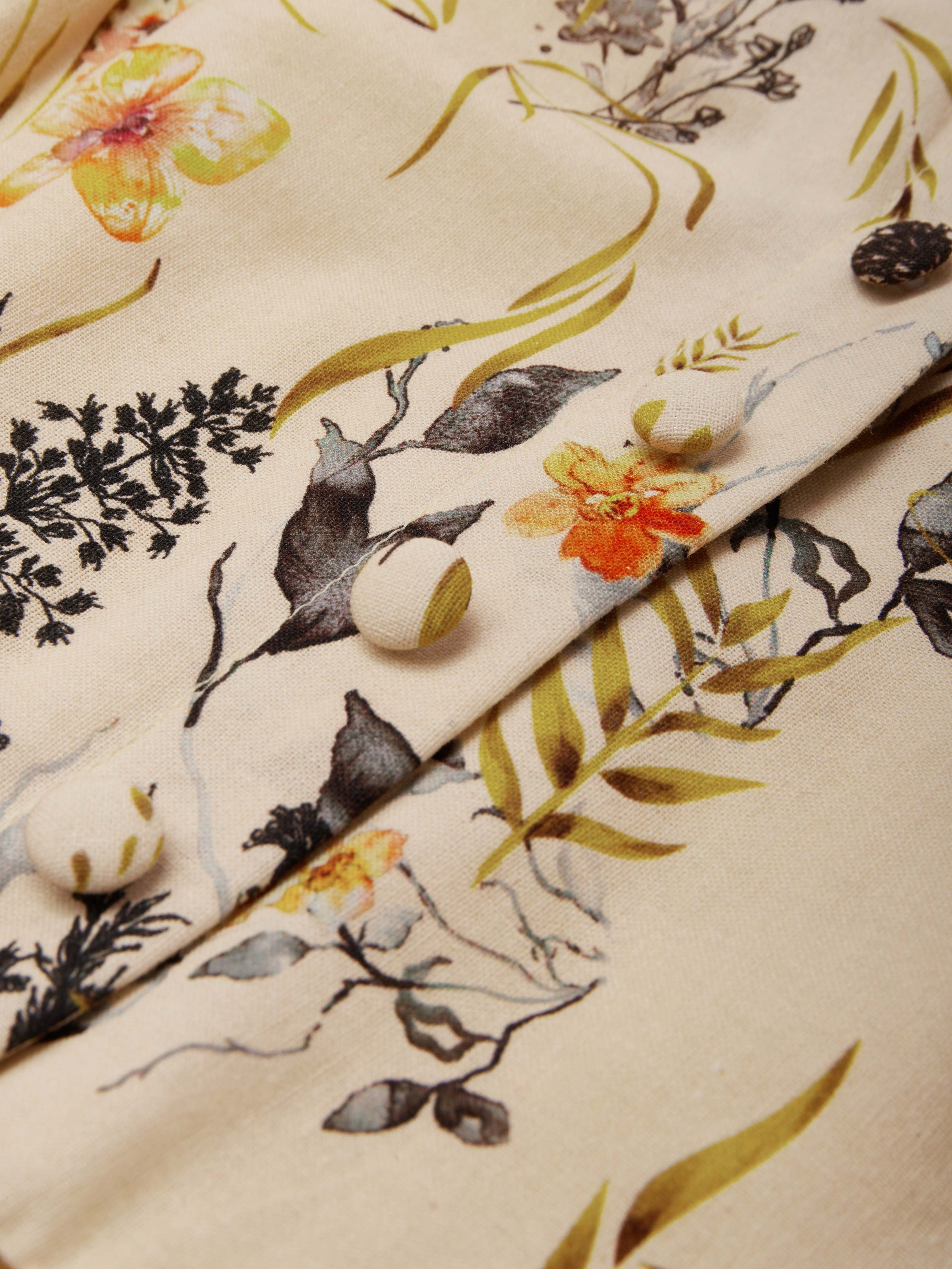 Linen Maxi Dress, Half Sleeve, V neck, Floral, Vintage, Summer - Light Khaki