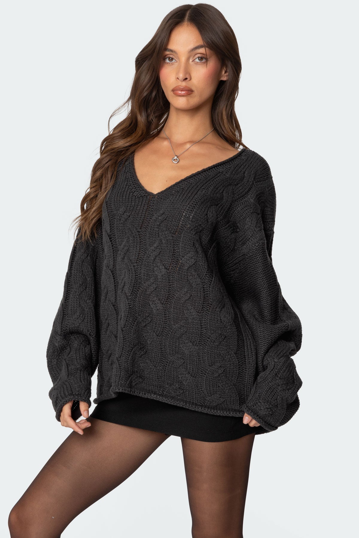 Inga Oversized Cable Knit Sweater - DARK GRAY